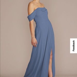 David’s Bridal Chiffon Cowl Off-the Shoulder Bridesmaid Dress in Steel Blue
